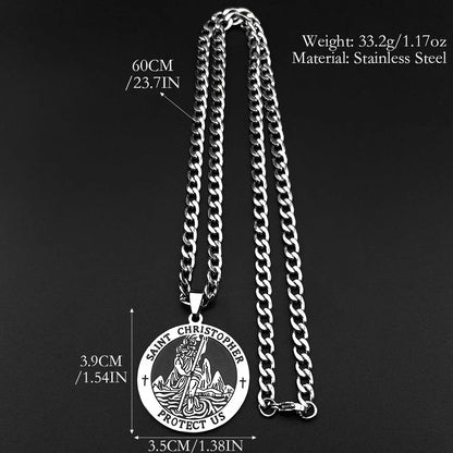 Collier médaille Saint Christophe Protect Us – bijou religieux en acier inoxydable