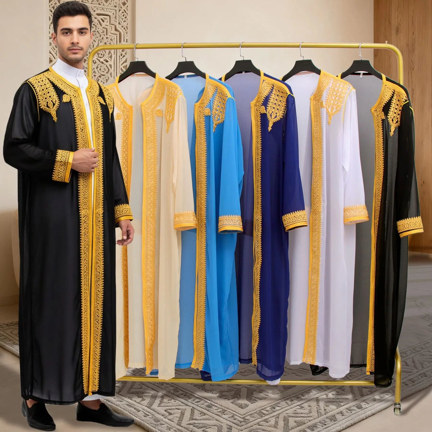 Thobe arabe long brodé or – robe traditionnelle homme style Moyen-Orient
