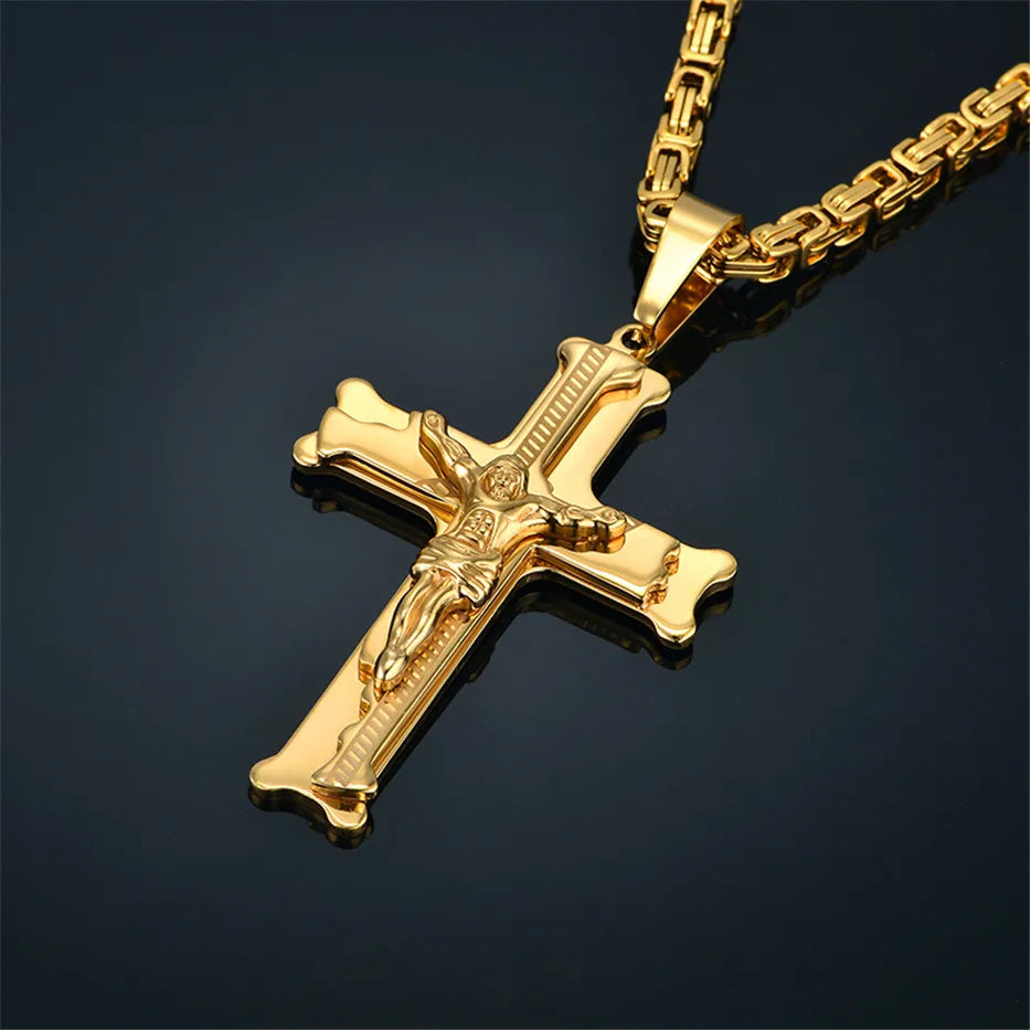 Collar largo bizantino con cruz en acero inoxidable – joya cristiana para hombre