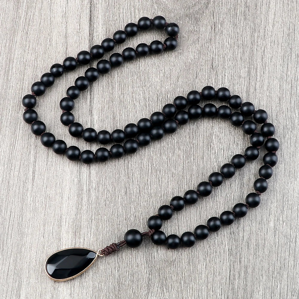 Matte black onyx bead necklace with drop pendant - unisex meditation jewelry
