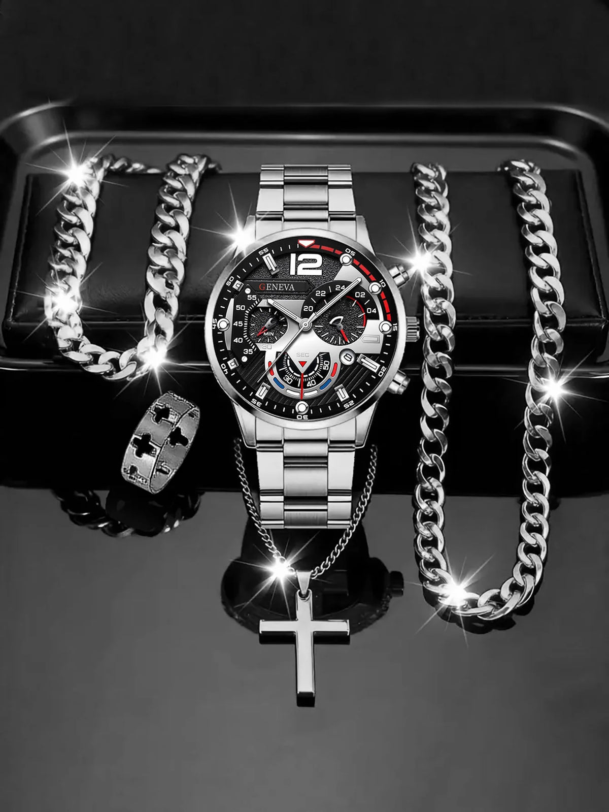 Set Orologio Uomo al Quarzo – 5 Pezzi e Gioielli