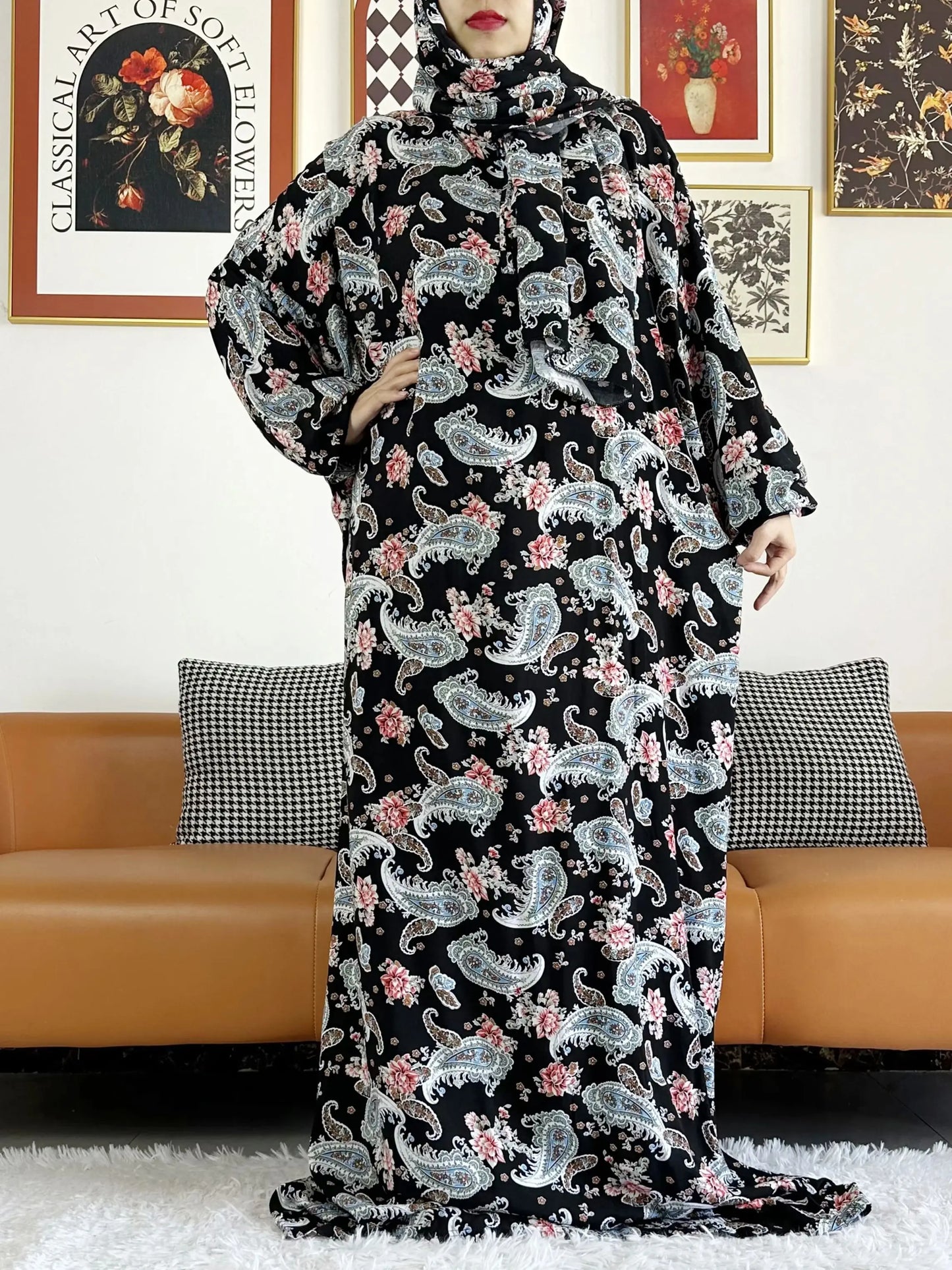 Abaya longue 6XL en coton avec hijab intégré – Robe de prière Ramadan
