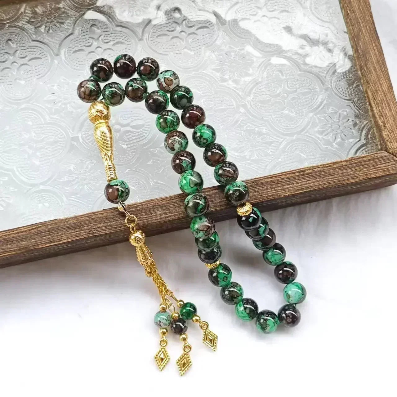 33-Bead Turkish Glass Tasbih with Tassel – Muslim Prayer Beads Bracelet