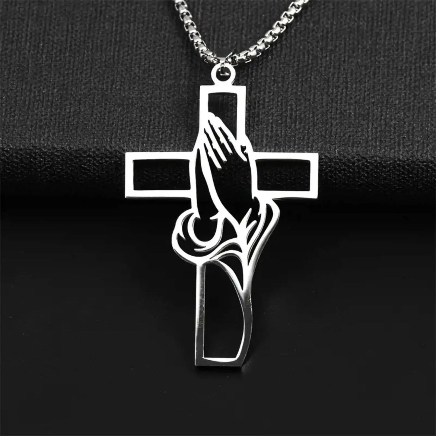 Collier croix main de prière en acier inoxydable – bijou chrétien unisexe