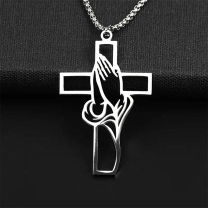 Collier croix main de prière en acier inoxydable – bijou chrétien unisexe