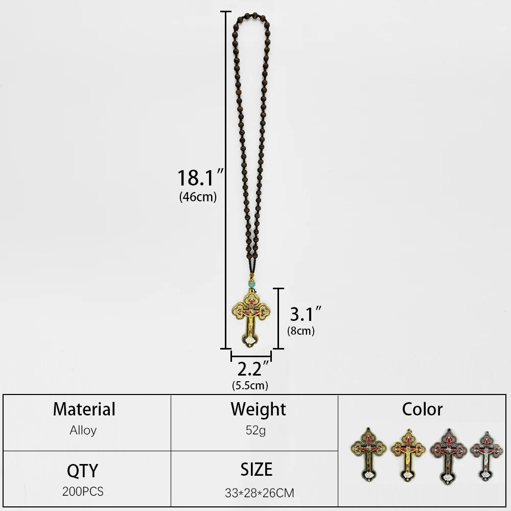 Collier crucifix orthodoxe en bois avec chapelet – bijou religieux