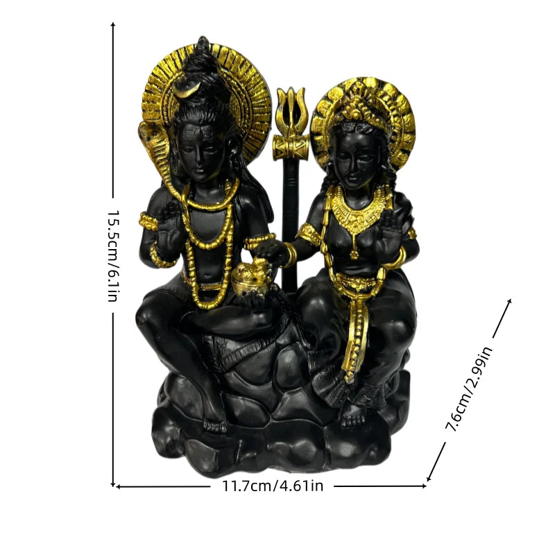 Statue Shiva & Parvati noire et dorée – Décoration hindoue en résine