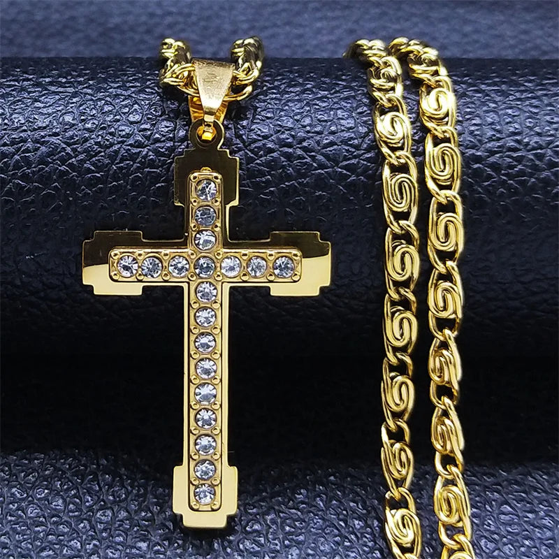 Collier catholique doré avec pendentif croix en cristal – Acier inoxydable, femme et homme