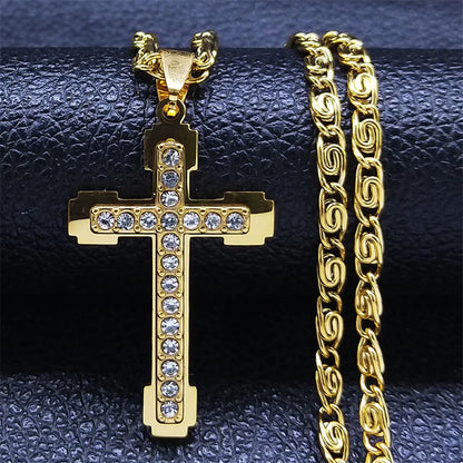 Collier catholique doré avec pendentif croix en cristal – Acier inoxydable, femme et homme