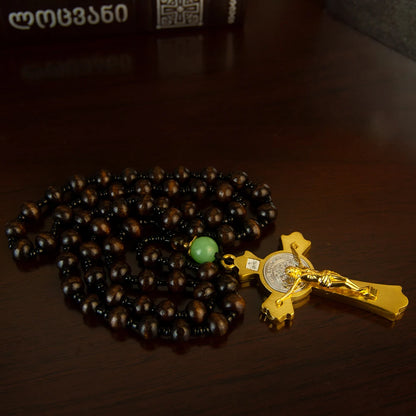 Collier croix orthodoxe avec perles en bois – bijou religieux