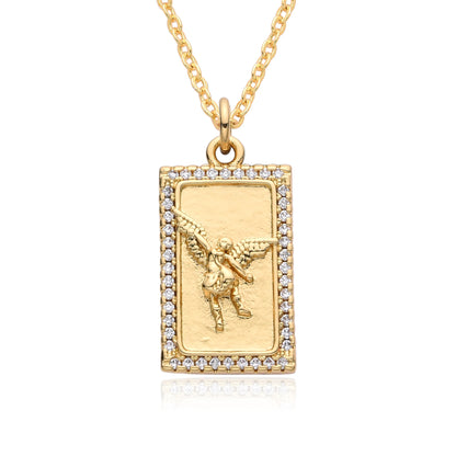 Pendentif Archange Saint Michel Doré – Médaille Religieuse Catholique avec Bord Coquillage et Zircons