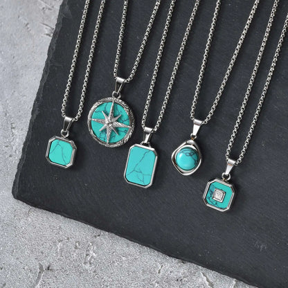 Collier Pendentif Pierre Turquoise & Boussole – Acier Inoxydable Homme