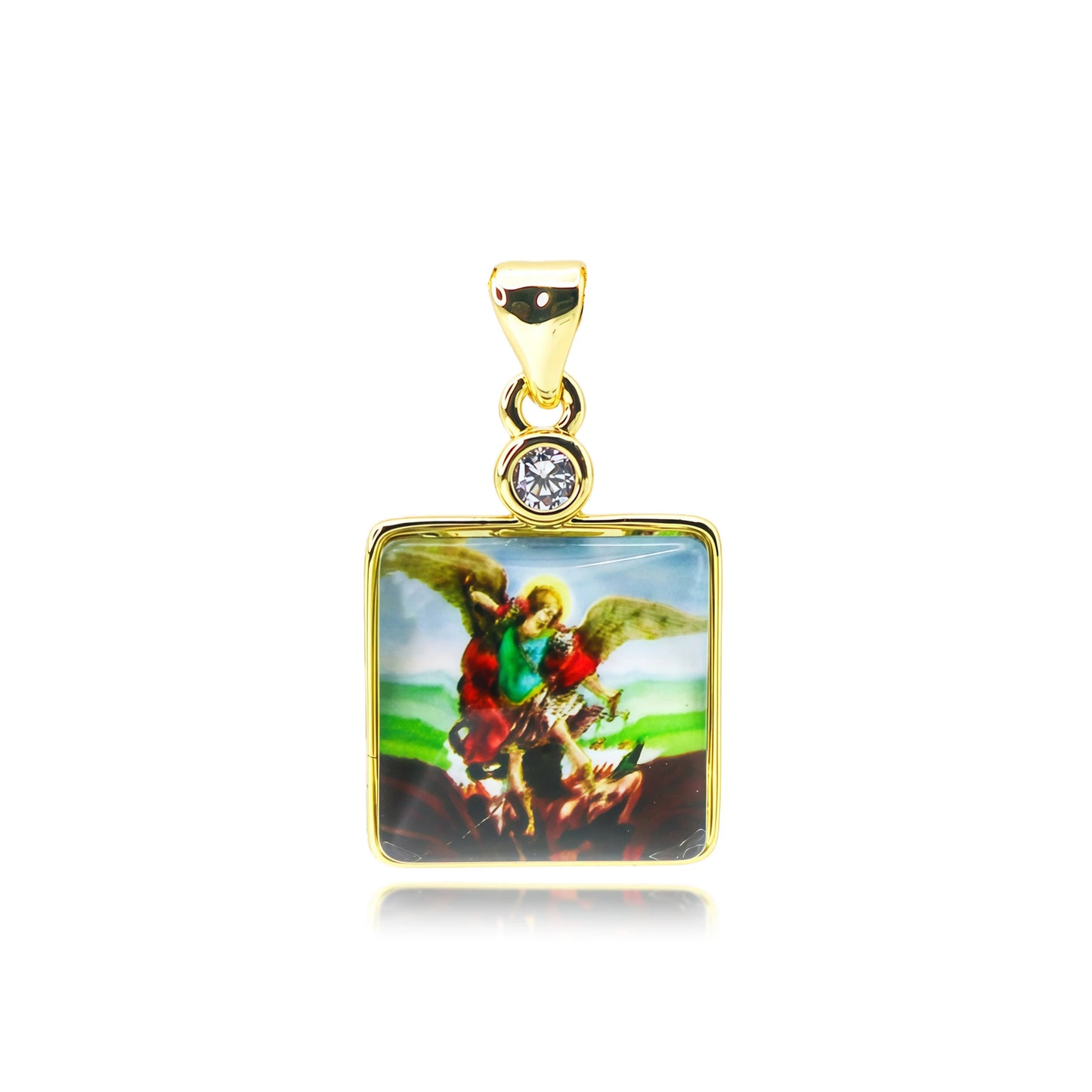 Pendentif Archange Saint Michel Doré – Médaille Religieuse Catholique avec Bord Coquillage et Zircons