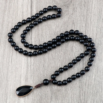 Matte black onyx bead necklace with drop pendant - unisex meditation jewelry