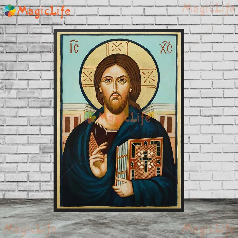 Icône religieuse du Christ Pantocrator – Tableau orthodoxe sur toile sans cadre pour église et décoration murale