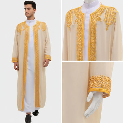 Thobe arabe long brodé or – robe traditionnelle homme style Moyen-Orient