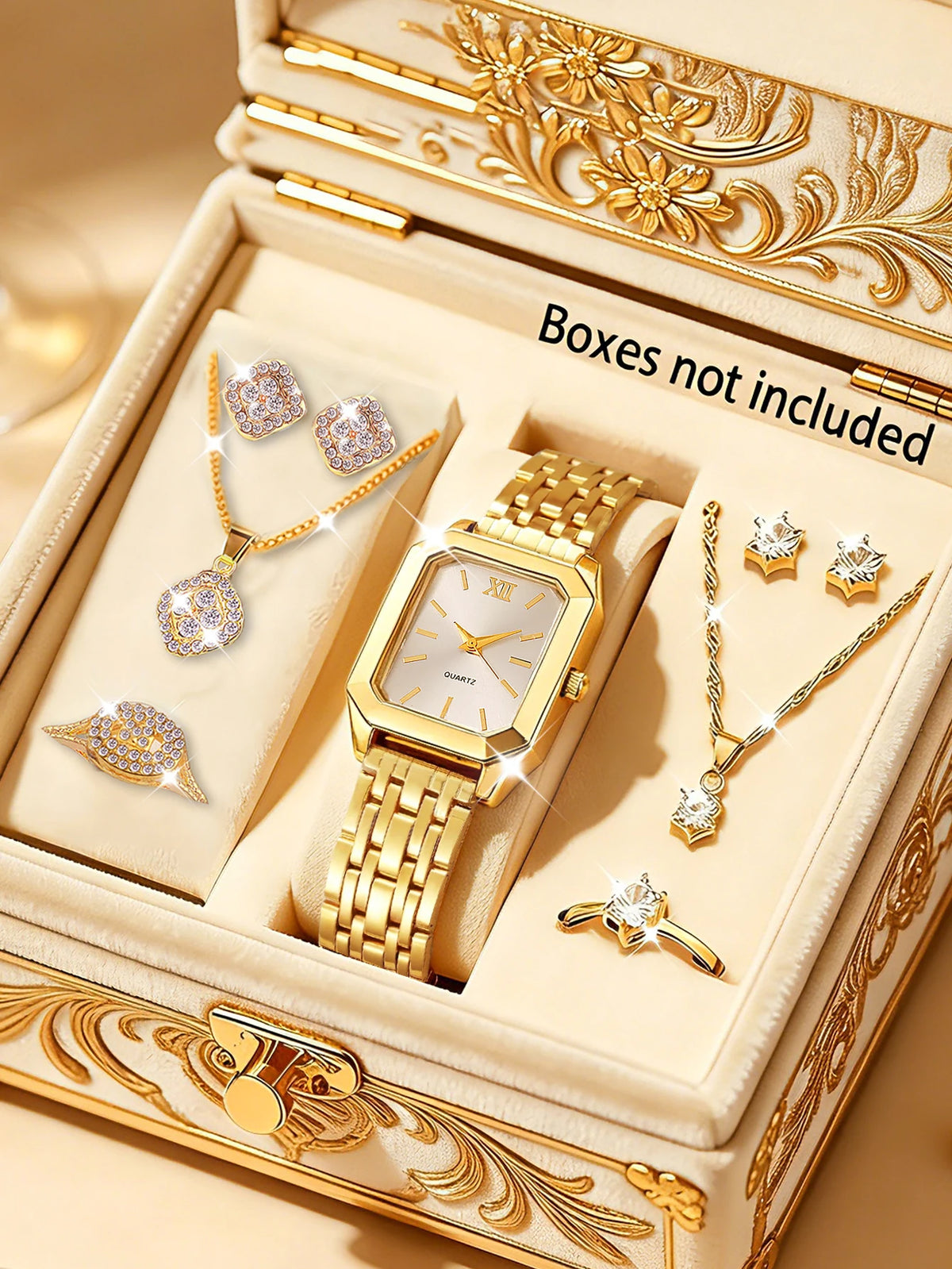 Coffret Montre Femme à Quartz & Bijoux Assortis – Doré ou Argenté