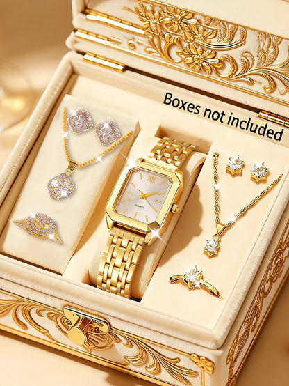 Coffret Montre Femme à Quartz & Bijoux Assortis – Doré ou Argenté