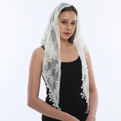 Voile mantille catholique femme en dentelle brodée – châle de prière, église et mariage