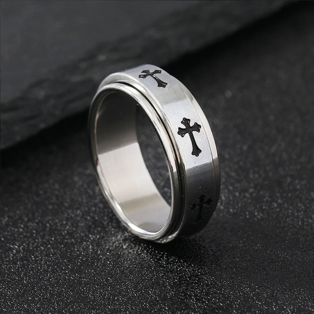 Bague croix rotative en acier inoxydable – bijou chrétien unisexe