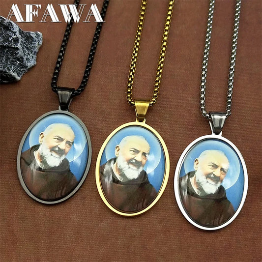 Collier médaille Padre Pio en acier inoxydable doré – amulette catholique unisexe