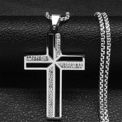 Collier catholique doré avec pendentif croix en cristal – Acier inoxydable, femme et homme
