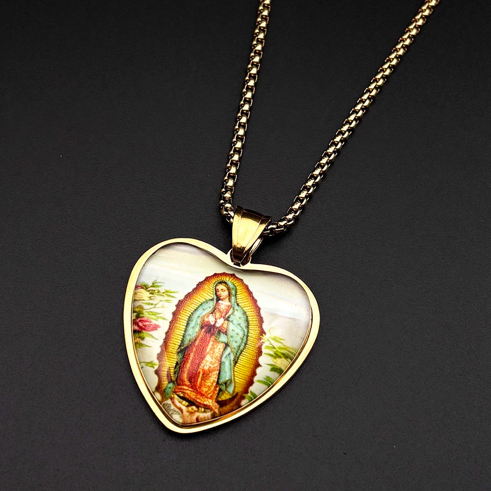Collana Vergine di Guadalupe Cuore in Vetro – Acciaio Inossidabile 60 cm