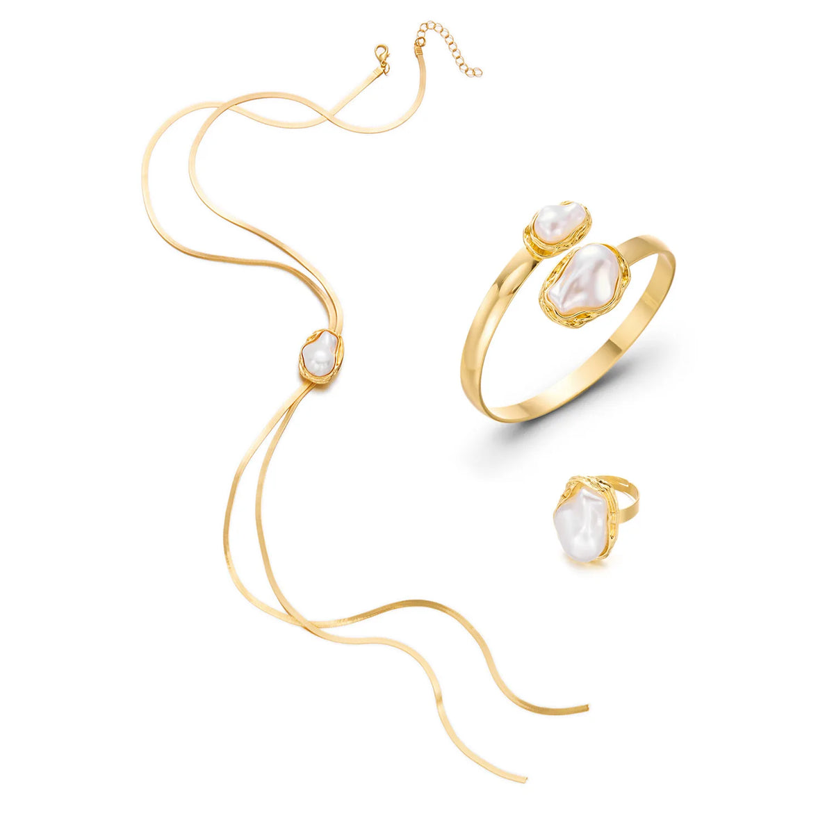 Damen Schmuckset mit Barock-Perlenoptik – Kette, Armreif & Ring