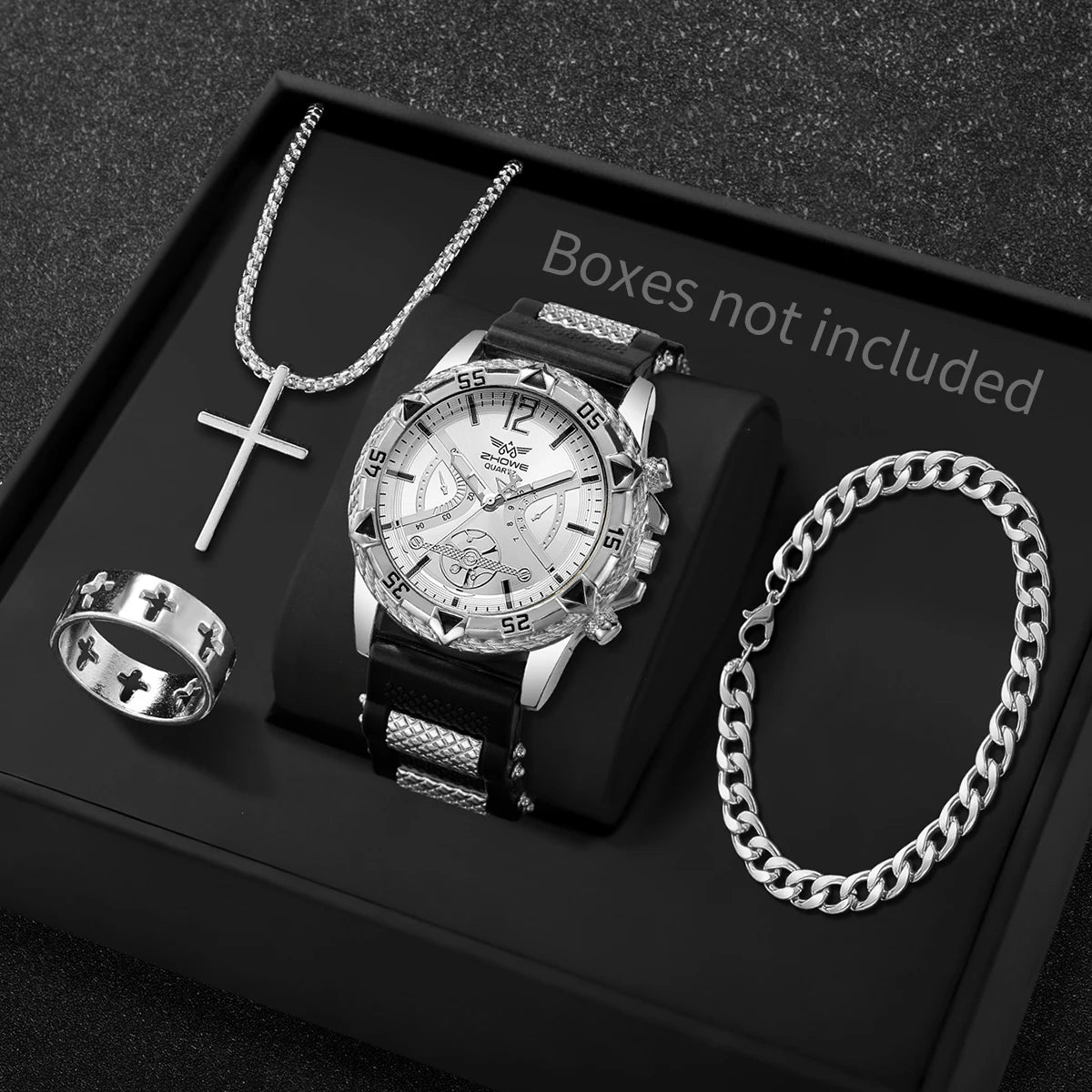 Coffret Montre Homme Cadran Arabe 4 Pièces – Montre Quartz & Bijoux