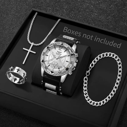 Coffret Montre Homme Cadran Arabe 4 Pièces – Montre Quartz & Bijoux