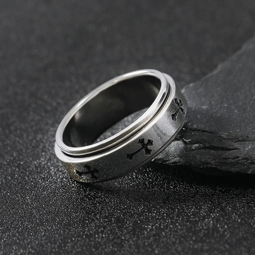 Bague croix rotative en acier inoxydable – bijou chrétien unisexe