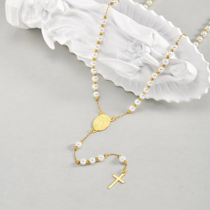 Rosenkranz-Halskette mit Perlen und Jungfrau Maria mit Kreuz – religiöser Schmuck für Damen