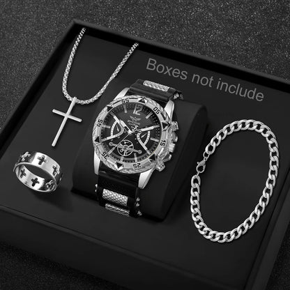 Coffret Montre Homme Cadran Arabe 4 Pièces – Montre Quartz & Bijoux