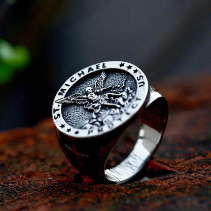 Bague Saint Christophe et Saint Michel en acier inoxydable – bijou religieux pour homme