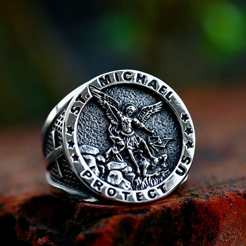 Bague Saint Christophe et Saint Michel en acier inoxydable – bijou religieux pour homme