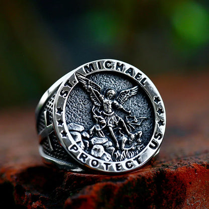 Bague Saint Christophe et Saint Michel en acier inoxydable – bijou religieux pour homme