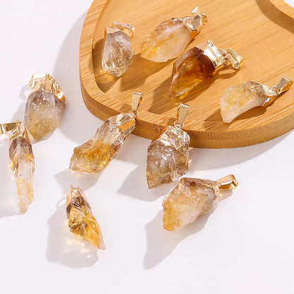 Pendentif en Citrine Naturelle Brute – Pierre de Chakra avec Capuchon Doré, Bijou Spirituel Énergétique