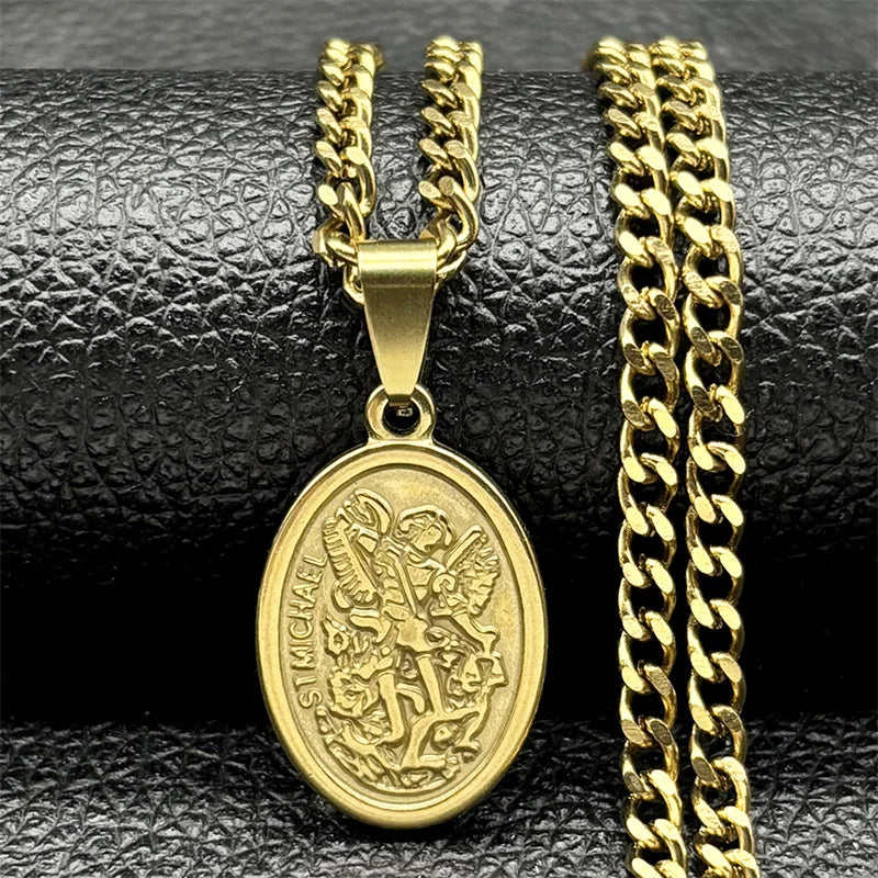 Collier Archange Saint Michel Doré – Pendentif Spirituel de Protection en Acier Inoxydable pour Homme et Femme