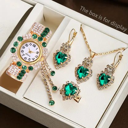 Coffret Montre Femme Strass 5 Pièces – Montre Quartz & Bijoux