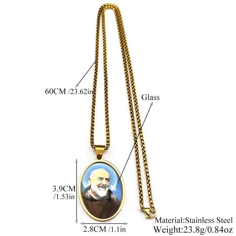 Collier médaille Padre Pio en acier inoxydable doré – amulette catholique unisexe