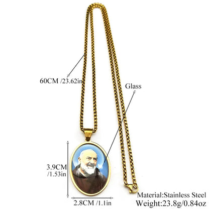 Collier médaille Padre Pio en acier inoxydable doré – amulette catholique unisexe