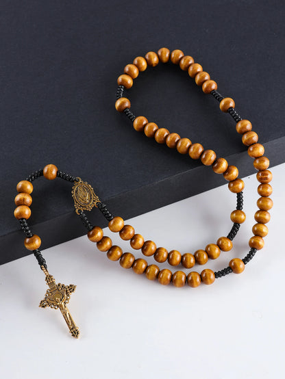 Collier Chapelet Catholique Vintage en Bois – 59 Perles 10 mm avec Croix, Fait Main