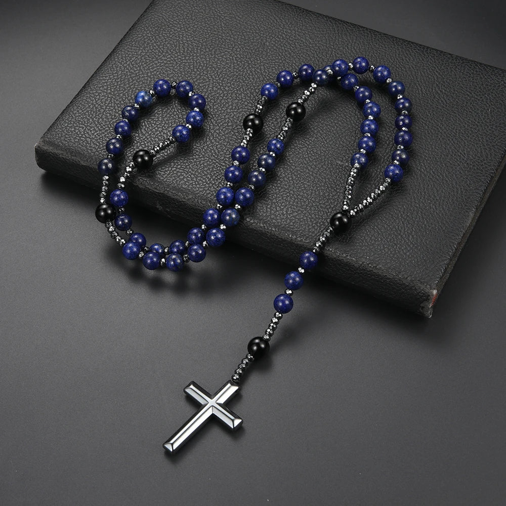 Rosenkranzkette aus blauen Steinen mit Kreuz – religiöser Unisex-Schmuck