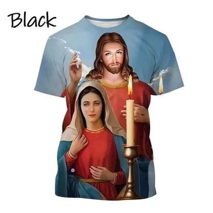 T-Shirt Vierge Marie & Jésus – Impression 3D, Unisexe, Oversize