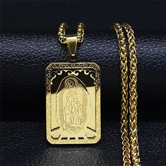 Collier médaille carrée Vierge de Guadalupe en acier 316L – bijou catholique pour homme