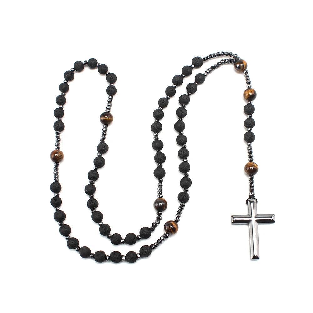 Collier long en pierre de lave et œil-de-tigre avec croix – bijou religieux pour homme