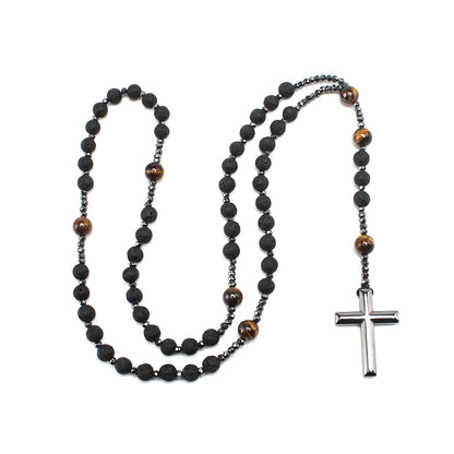 Collier long en pierre de lave et œil-de-tigre avec croix – bijou religieux pour homme