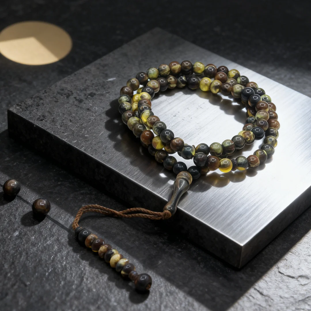 Tasbih Musulman 99 Perles 8mm – Chapelet Islamique Lune & Étoile avec Pompon | Cadeau Ramadan & Aïd