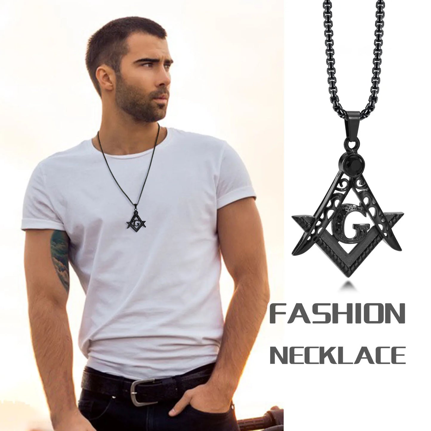 Collier maçonnique en acier inoxydable avec pendentif compas – bijou symbolique pour homme