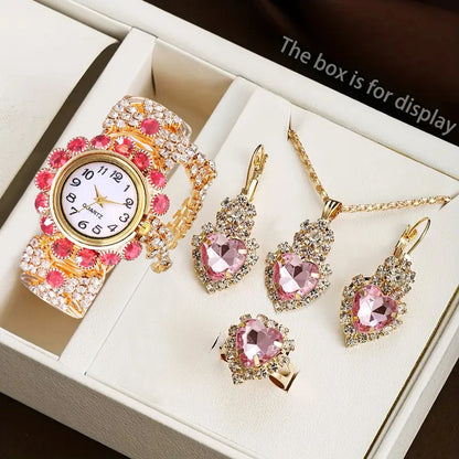 Coffret Montre Femme Strass 5 Pièces – Montre Quartz & Bijoux